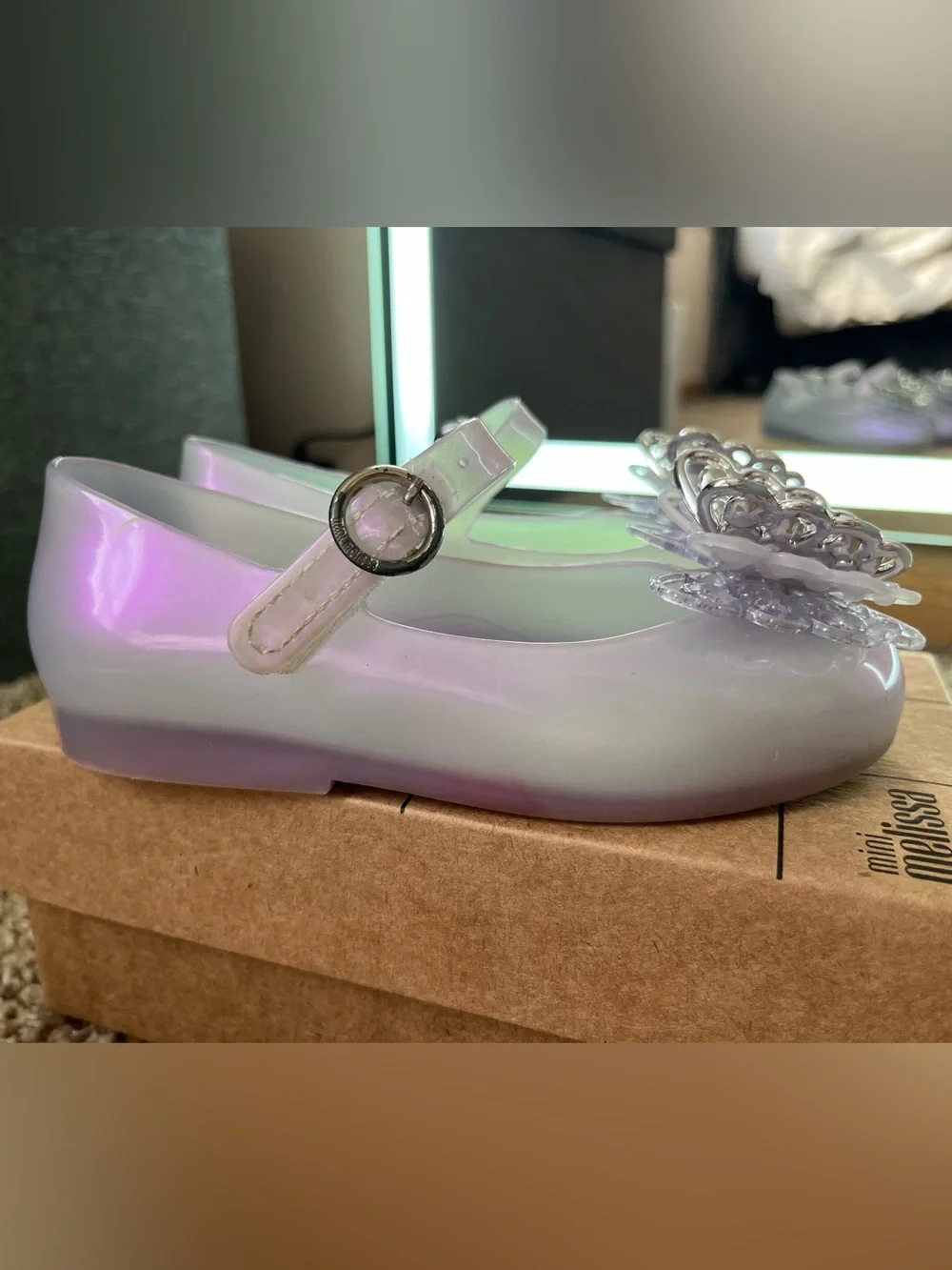 Mini Melissa Iridescent Lavender Mary Janes with Silver Butterfly